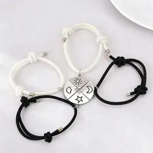 Adjustable Best Friends Magnetic Bracelet Set for 4, Sun Moon Star Cloud Puzzle Matching Friendship Bracelets Adjustable Braided Cord Besties Jewelry Graduation Gift