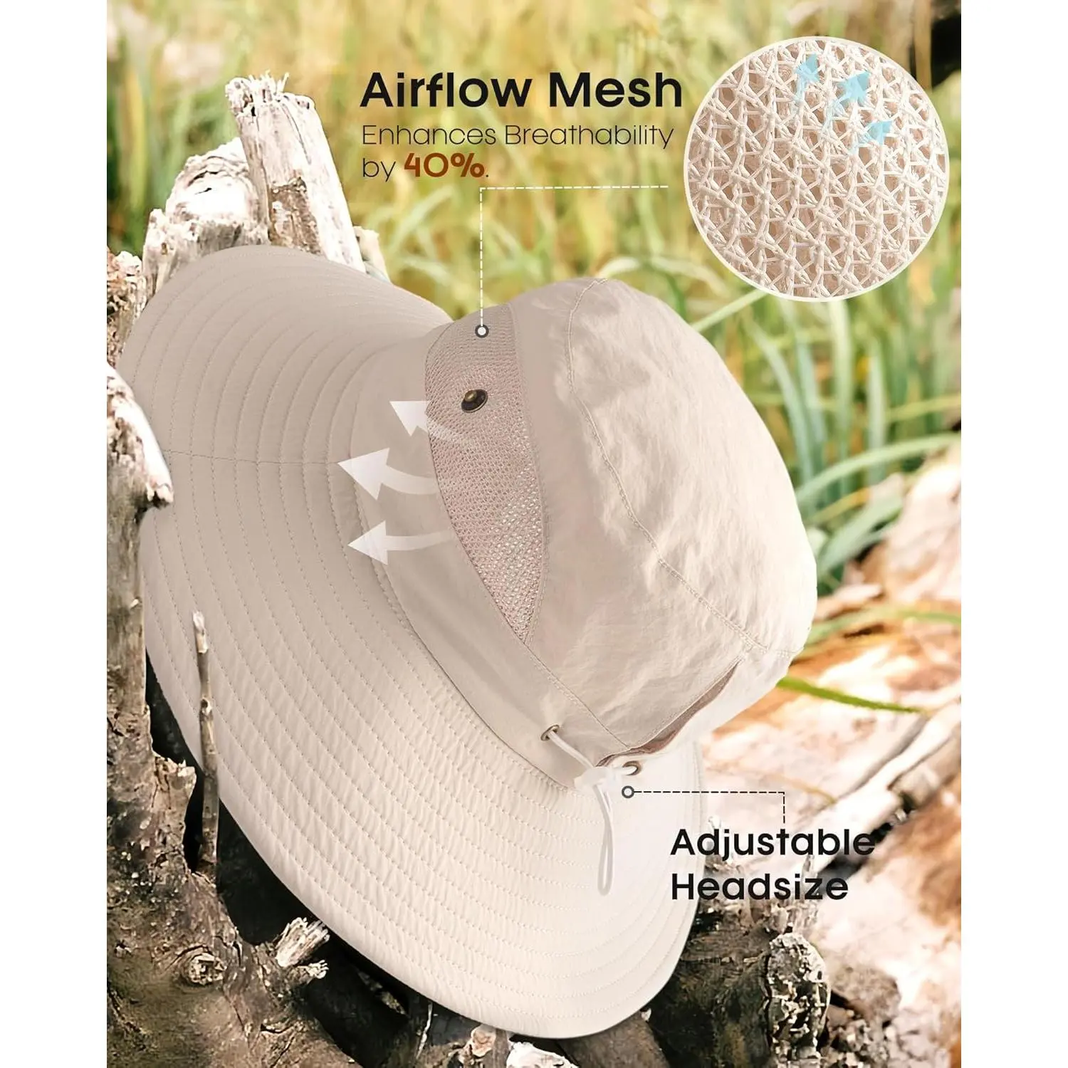 Packable UPF50+ Waterproof Nylon Bucket Hat with Ponytail Hole Womens Sun Hat with Ponytail Hole Beach Hiking Summer Wide  main image 2