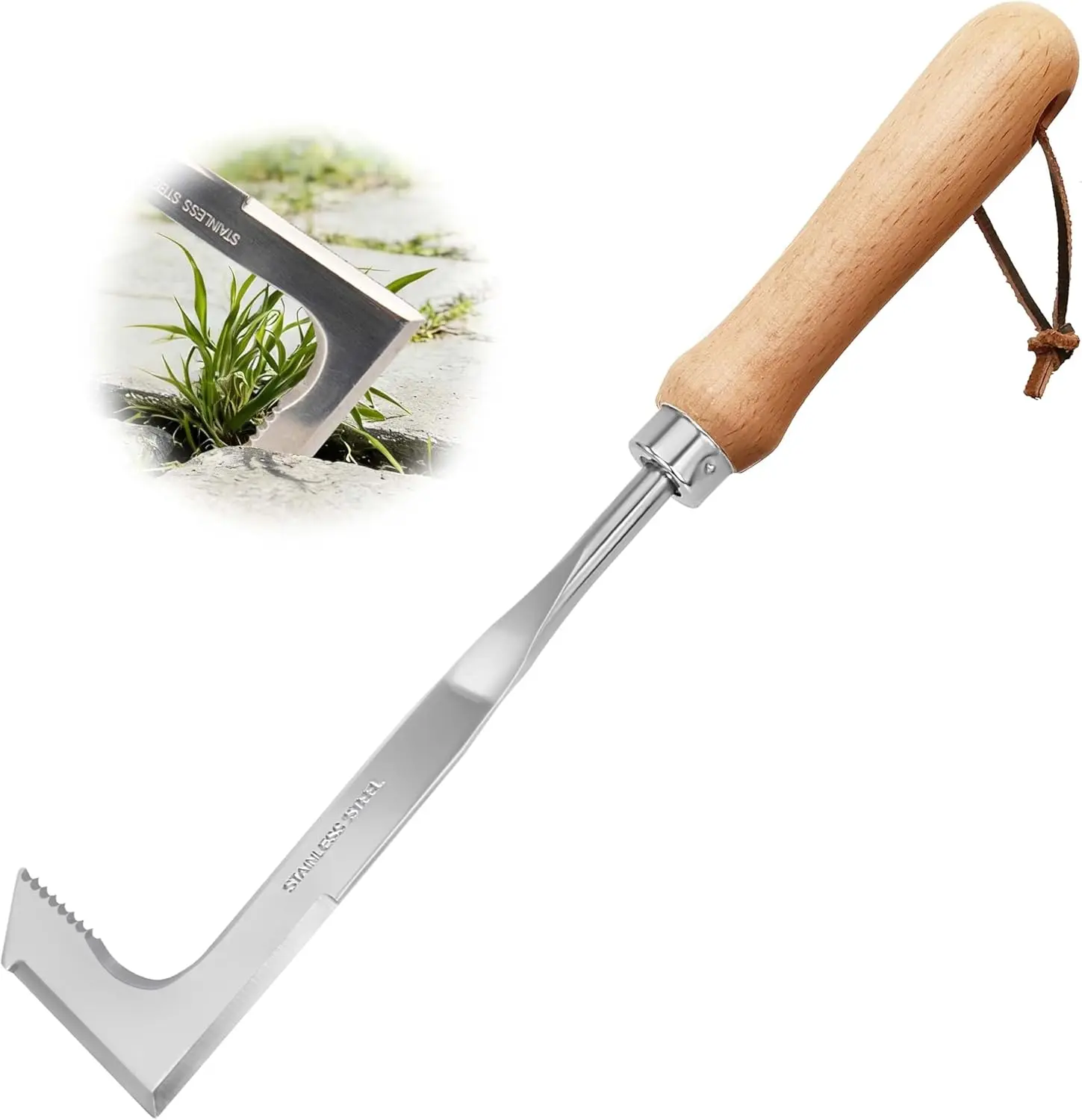 Stainless Steel L-Shaped Crack Weeder, Serrated Tines Beech Wood Handle Crevice Weeding Spatula, Efficient Manual Tool for Patio, Yard, Farm Gaps, Garden Work Tool