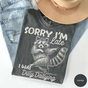 Comfort Colors Funny Raccoon Sorry I'm Late I Was Dilly Dallying T-Shirt, Sarcastic Humor Tee, Cute Trash Panda Graphic Shirt, Trendy Meme Gift