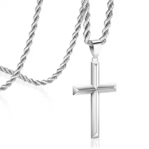 Men's cross necklace with 3mm Fried Dough Twists chain and stainless steel cross pendant, 18-24 inch Fried Dough Twists chain