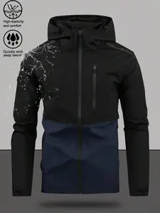 Men's Casual Hooded Jacket, Patchwork Outdoor Hiking Sports Multi-Pocket Top, Asymmetrical Design, Spring & Fall Fashion Outerwear