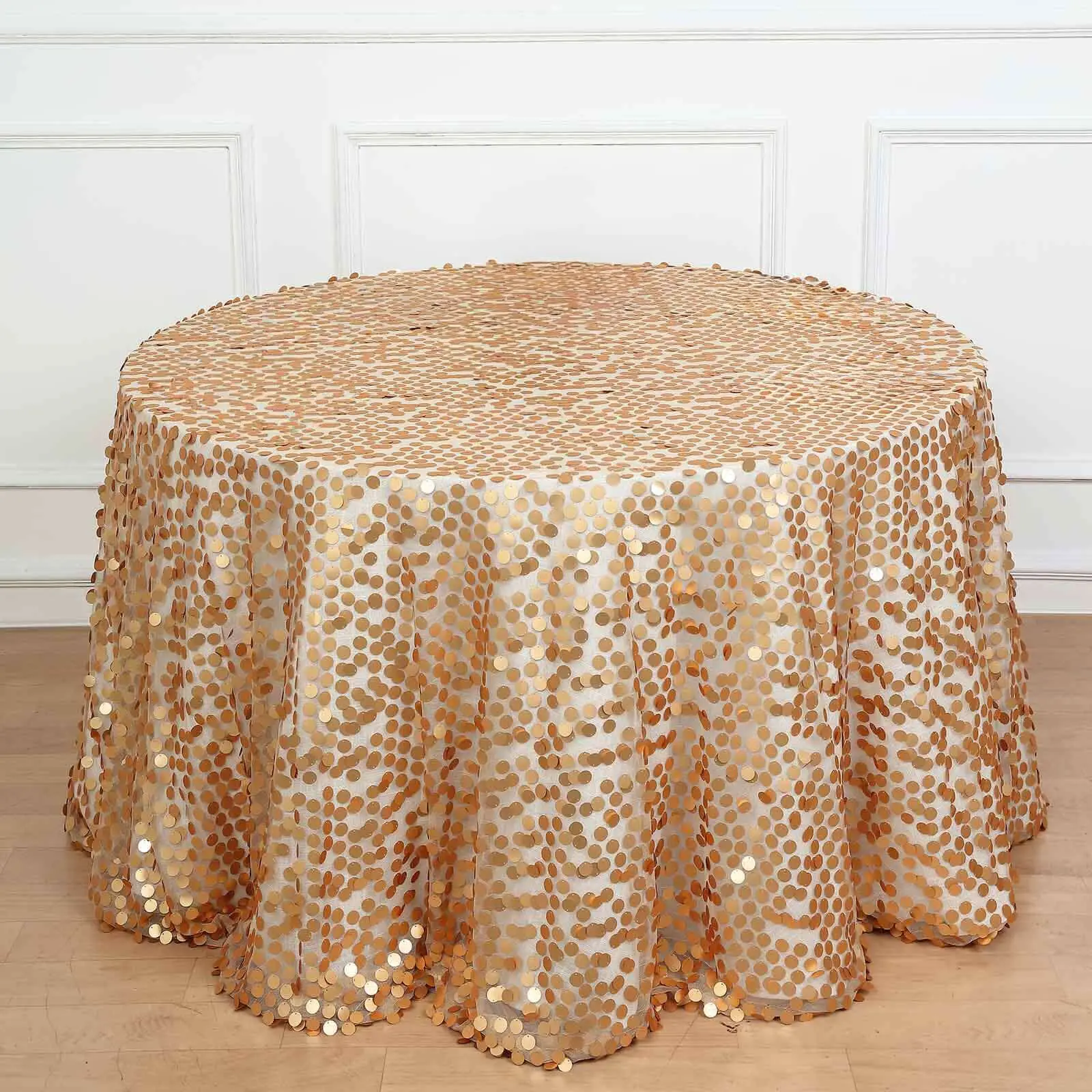 Matte Champagne Sequin Fabric Round Tablecloth - 120" Mesh Seamless Payette Table Cover, All Seasons, Wipe with Damp Cloth for Wedding, Party Decoration, Event
