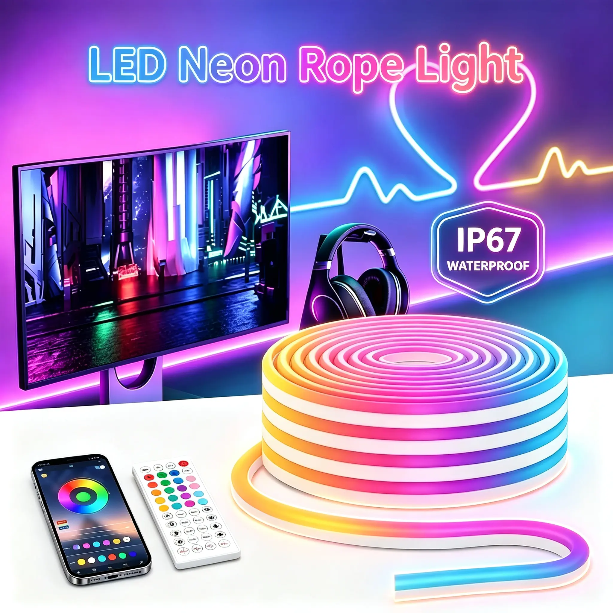 RGB Neon Rope Lights, Flexible LED Strip Lights with App & Remote Control, Music Sync Color Changing, IP67 Waterproof Cuttable for Bedroom, Gaming Room, Indoor-Outdoor Home Decor, Ambient Lighting Effects