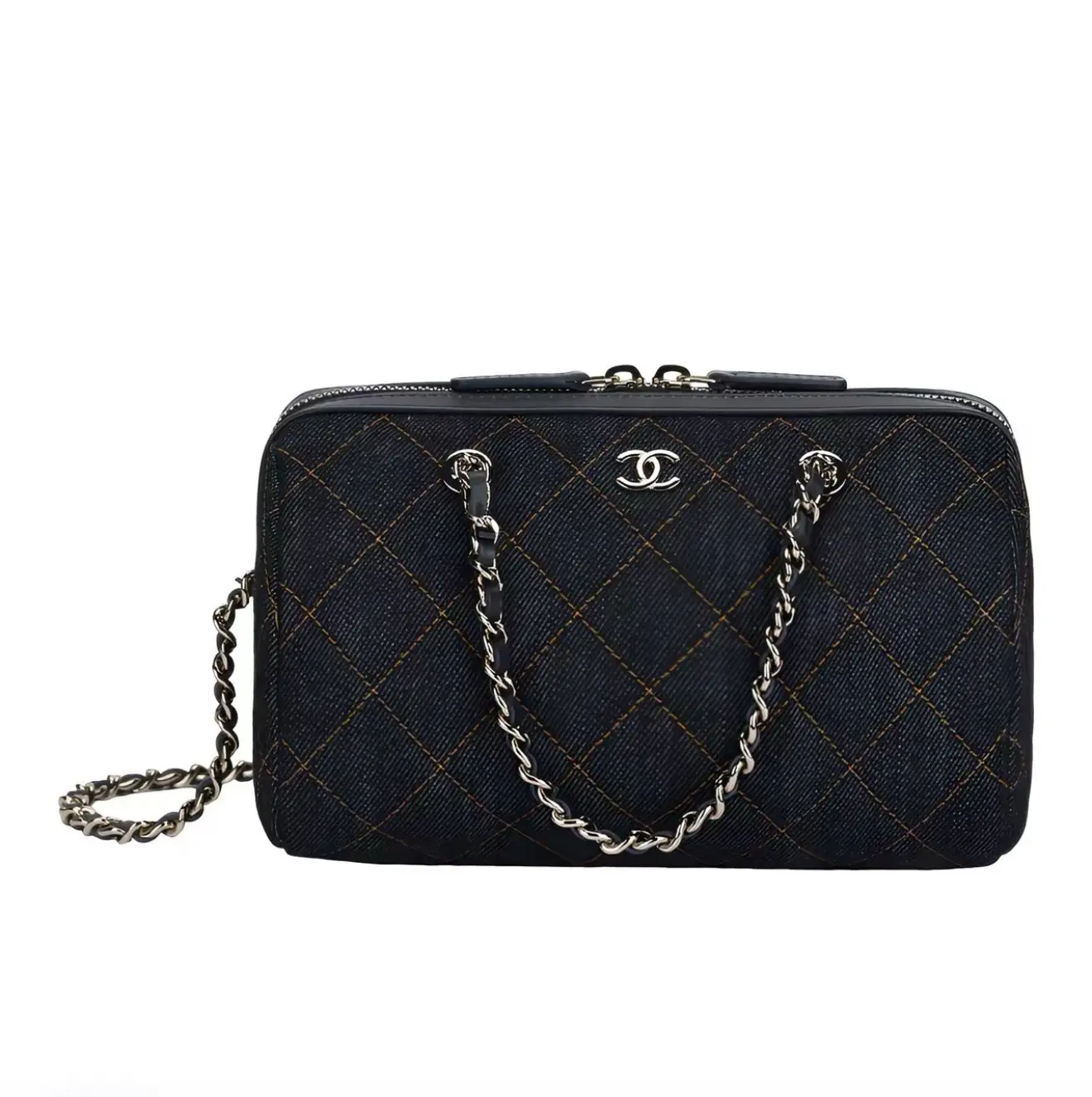 Pre-owned CHANEL 26P Dark Blue Denim Boston Bowling Bag, Chip Version 2604586