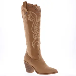 Everly Women's Cowgirl Western Boots Camel Suede Leather Look Studded Detail Comfort Insole for extra Comfort