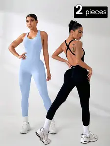Women's Cross Shoulder Strap Yoga Pants Set, Seamless Quick-Dry Sports Jumpsuit, Sleeveless Sexy Gym Wear, Workout Jumpsuits, 2-Pack