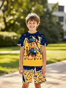 Boys' 3D Blue Color Dog Paw Print Short Sleeve Two-Piece Casual Set, Outfit Sets, Fashion Outdoor Sports, Birthday Gift, Holiday Gift