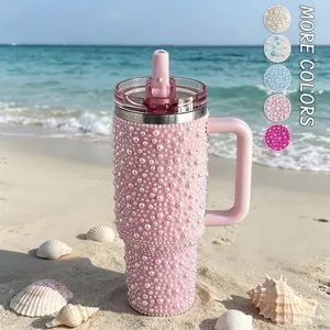 Pearls Bling 40 oz Tumbler with Handle and Straw | Rhinestones 100% Leakproof Stainless Steel Insulated Tumbler with Lid and Straw | Cup Holder Friendly Base,father'sdaygifts