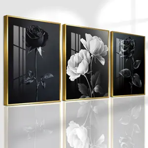 3 Count Aluminum Alloy Frame Canvas, Black And White Rose Flower Fashion Poster, Wall Decoration, Modern Art, Suitable For Living Room, Bedroom, Kitchen, Home Office, Cafe, Bar, Dormitory, Corridor, Family Decor, Gift