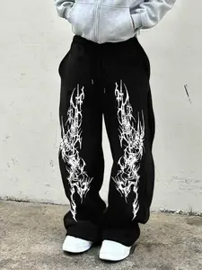 Men's Casual Sporty Long Pants, Thorn Pattern Print, Graphic, Drawstring Wide Leg, Loose-Fitting, All Seasons, Men's Fashion
