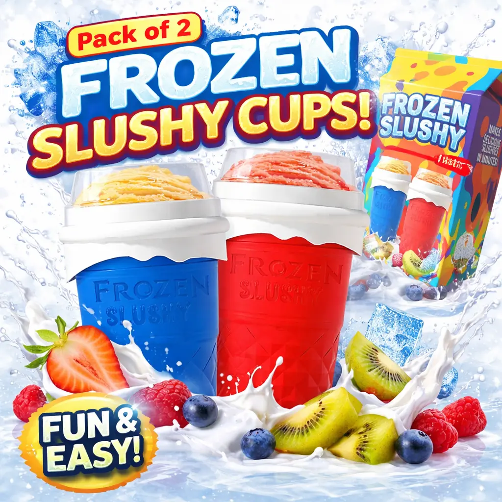 Pack of 2 Double Layer 500ML Multifunction Portable Reusable Slushie Maker Cups - BPA-Free Food-Grade Silicone ABS, Quick Freeze Tech, Lids, Straws, Spoon, Scoop - Red & Blue Kitchen Utensils for Kids' Ice Drinks