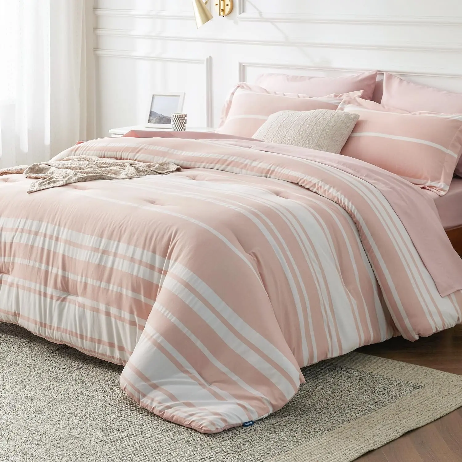 King Size Synthetic Polyester Comforter Set - Burnt Orange Striped, Modern, Lightweight, Cationic Dyeing, Breathable Fluffy Fill, All Seasons, Machine Washable, with Pillowcase Shams