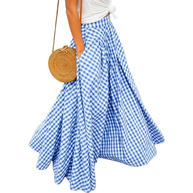 Women's Gingham Plaid Maxi Skirt High Waist A-Line Pleated Summer Skirt | Classic Vintage Swing Flared Long Bohemian Skirt Soft Breathable Lightweight Comfy Casual Wear For Daily Outings Beach and Vacation Womenswear