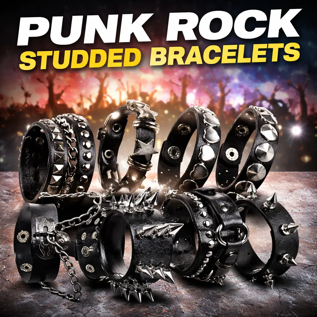 Women's 8-Pack PU Leather Alloy Cuff Bangles - Bracelet Stack, Spike Rivet Cuff Wrap, 80s Retro Rock Punk Style, Party Supplies for Bikers, Raves Festive Daily Wear Accessories