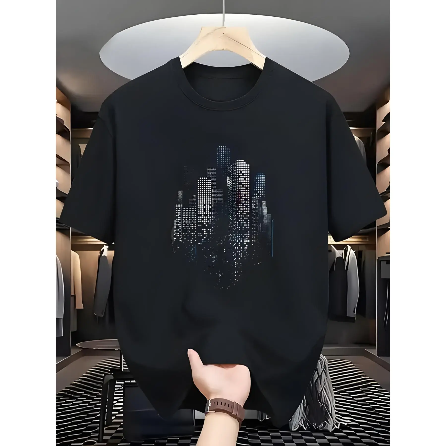 Men' Abstract Cityscape T-Shirt - Urban Streetwear Crew Neck Short Sleeve Cotton Tee with Urban Skyline Print, Soft Breathable Shirt Suitable for Hip Hop Style, Casual Casual Attire, Machine Washable Gift for Men, - Apparel
