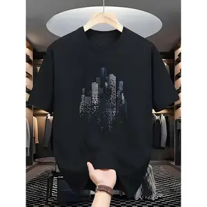 Men' Abstract Cityscape T-Shirt - Urban Streetwear Crew Neck Short Sleeve Cotton Tee with Urban Skyline Print, Soft Breathable Shirt Suitable for Hip Hop Style, Casual Casual Attire, Machine Washable Gift for Men, - Apparel