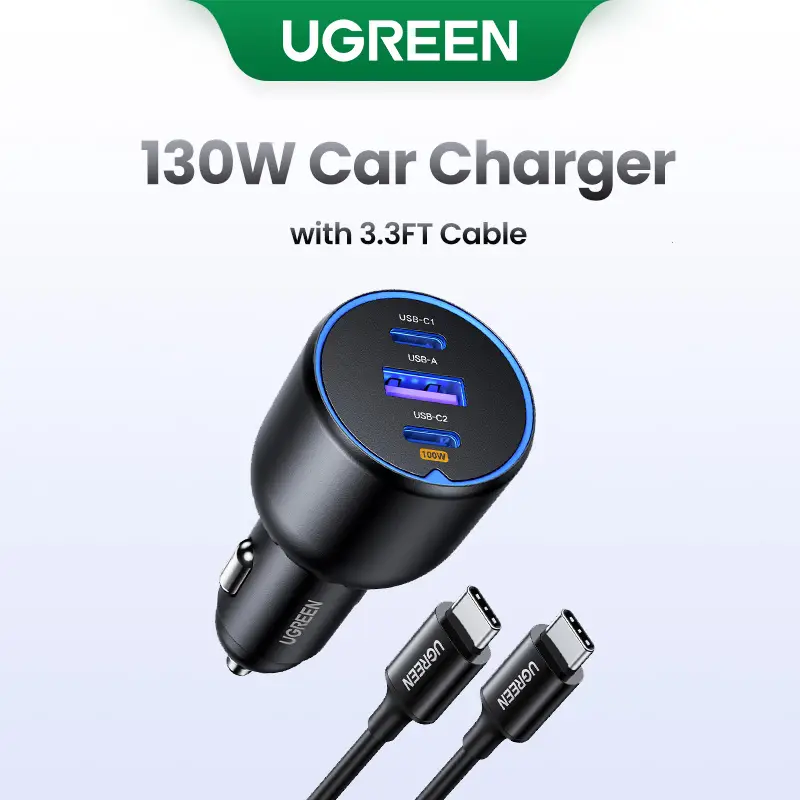UGREEN 130W Car Charger with 3.3FT Cable, USB-C Input, Compatible with iPhone 17 16 Pro Max, Galaxy S24 Ultra, iPad, Car Accessories Deals for You,Sep