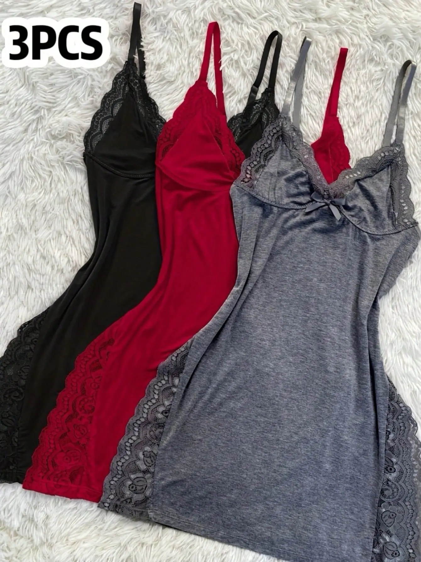 DianaDrape Women's 3-Piece Sleeveless Solid Color Lace Sleepwear Set - Casual, Comfortable, Elegant, with Lace Inlay, Side Slit, Comfy Style Nightdresses