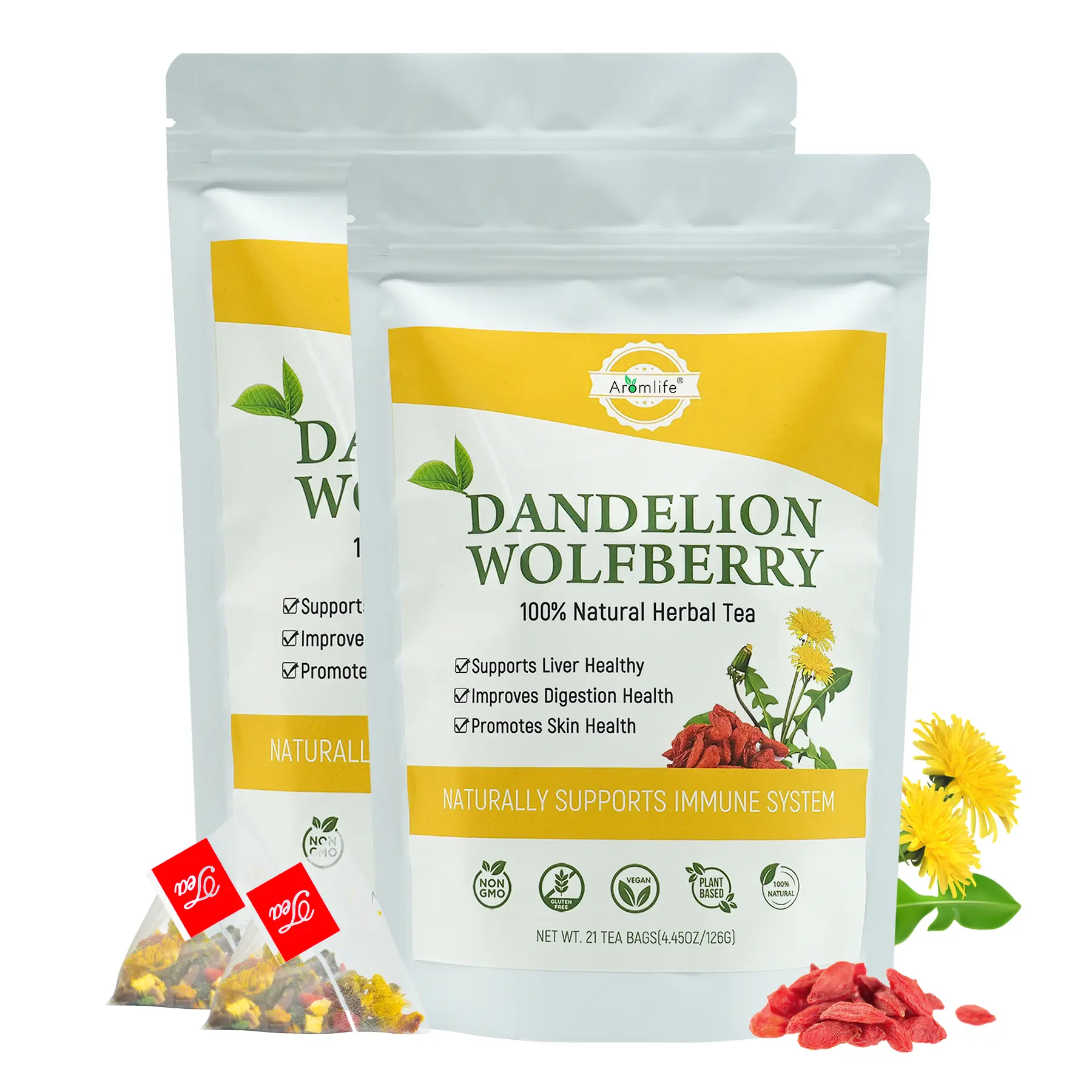 Aromlife Natrual Dandelion Wolfberry Tea Pack of 2, Supports Liver Health Organic Liver Detox Dandelion Root Tea for Digestion Health, Caffeine-Free Goji Berries Tea for Skin Health