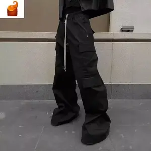Panp  Ro Style Wide Leg Drawstring Black Cargo Pants Unisex Straight Baggy Casual Overalls Men's Streetwear Loose Oversized Trousers Menswear Pocket