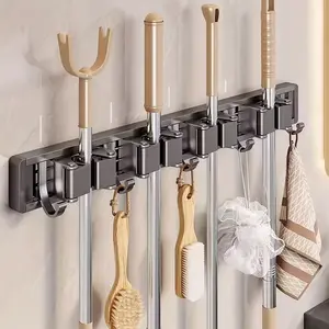 Metal Mop & Broom Holder, Adjustable Hanging Hook, Bathroom Storage Organizer, Space-Saving for Home, Kitchen, Garden, Laundry, Garage