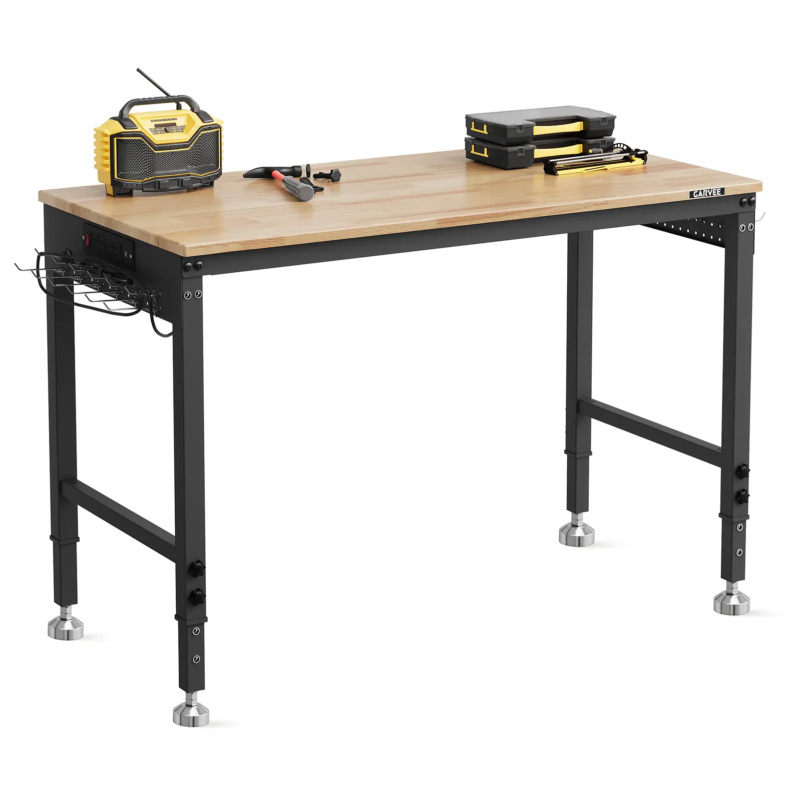 Garvee Upgraded-Heavy Duty Commercial Workbench 48x24 in – 6-Level Adjustable Height, 2000 lb Capacity, Durable Rubberwood Top, ETL Outlets, Pegboard, Hooks, Leveling Feet for Garage, Workshop, Food Service – Rubberwood Color
