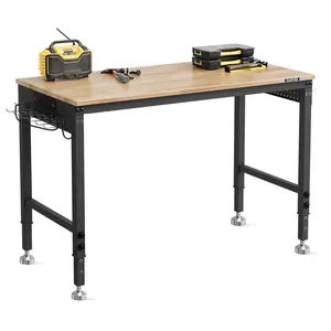 Garvee Upgraded Heavy-Duty Commercial Workbench 48x24 in – 6-Level Adjustable Height, 2000 lb Capacity, Durable Rubberwood Top, ETL Outlets, Pegboard, Hooks, Leveling Feet for Garage, Workshop, Food Service – Rubberwood Color