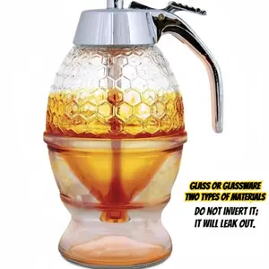 Primpick 8 Oz No-Drip Honey Dispenser, Plastic or Glass Options, Beeswax Syrup Server, Bee-Themed Storage Jar with Stand, 6 Inch Transparent Container