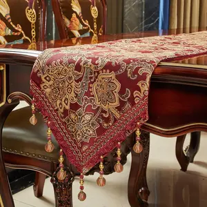 Luxury  Table Runners 72 inches Long Embroidery Jacquard Fabric with Multi-Tassels Table Runners for Dining Room Dresser Wedding Christmas Thanksgiving Party Decorations (Red, 12X72inch)