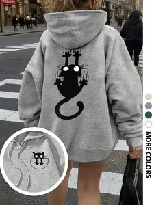 Women's Cat Print Oversized Loose Knit Hooded Sweatshirt with Drawstring, Fashion Casual Pullover with Pocket for Fall Winter Outdoor Wear, Trendy Holiday Hoodie