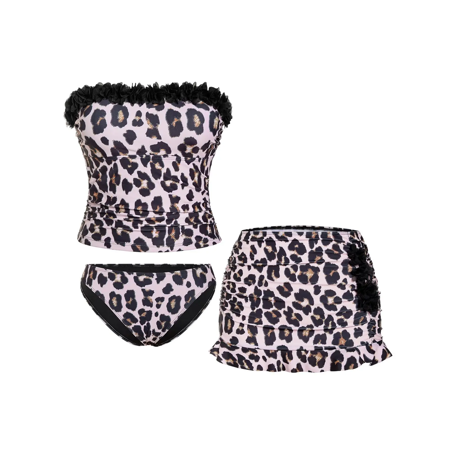 3 Piece Strapless Swimsuits 3D Flower Tummy Control Vacation Tankinis with Skirt