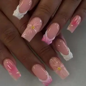 24pcs Long Square French Manicure Nails, 3D Flower Design with Gold Beads, Acrylic Press-On False Nails Set for Parties and Daily Wear