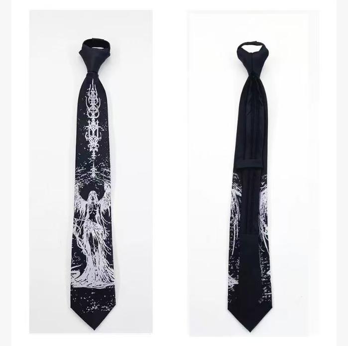 Unisex Normal Type Gothic Hell Embroidery Necktie, Black Punk Aesthetic Handcrafted Tie, Edgy Statement Accessory for Men-Women, 7x146cm Hand Tie, Embroidered Goth, Accessories