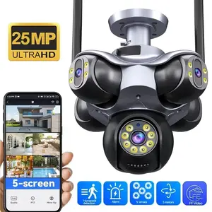 5 Lens 5 Screen Outdoor Security Camera, Wireless Ptz Motion Tracking, Color Night Vision, Two Way Audio, Waterproof, 24/7 Home Protection