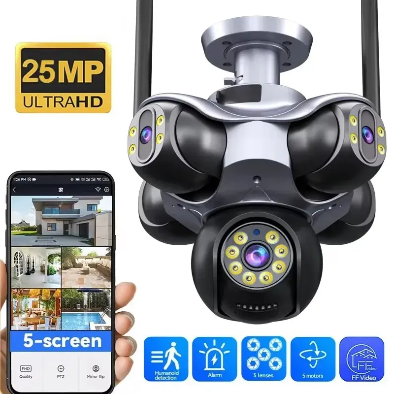 5 Lens 5 Screen Outdoor Security Camera, Wireless Ptz Motion Tracking, Color Night Vision, Two Way Audio, Waterproof, 24/7 Home Protection