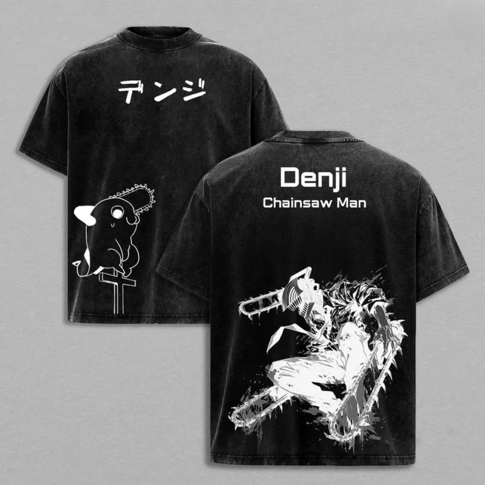 Denji x Pochita Chainsaw Man The Movie: Reze Arc Vintage Oversized Heavy Cotton Shortleeve T-Shirt, Casual Unisex Street Fit Retro Anime Art Double Printed Graphic Top, Anime-Inspired Design Men's Short-Sleeve Tee Gift for Otaku Fans Harajuku Streetwear