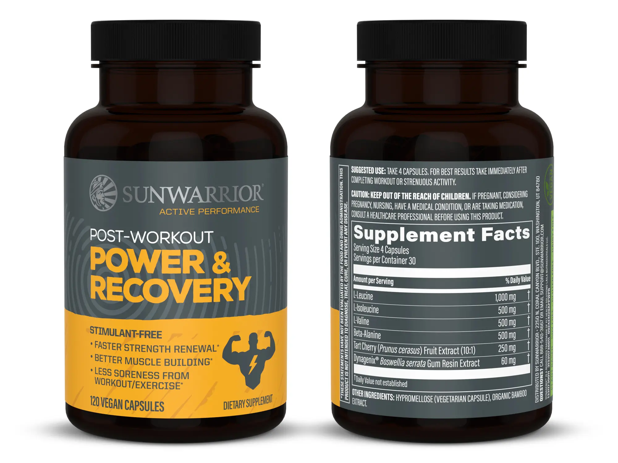 Sunwarrior Active Capsules Pre-Workout Power and Recovery Capsules, Stimulant-Free, 120 Vegan Capsules