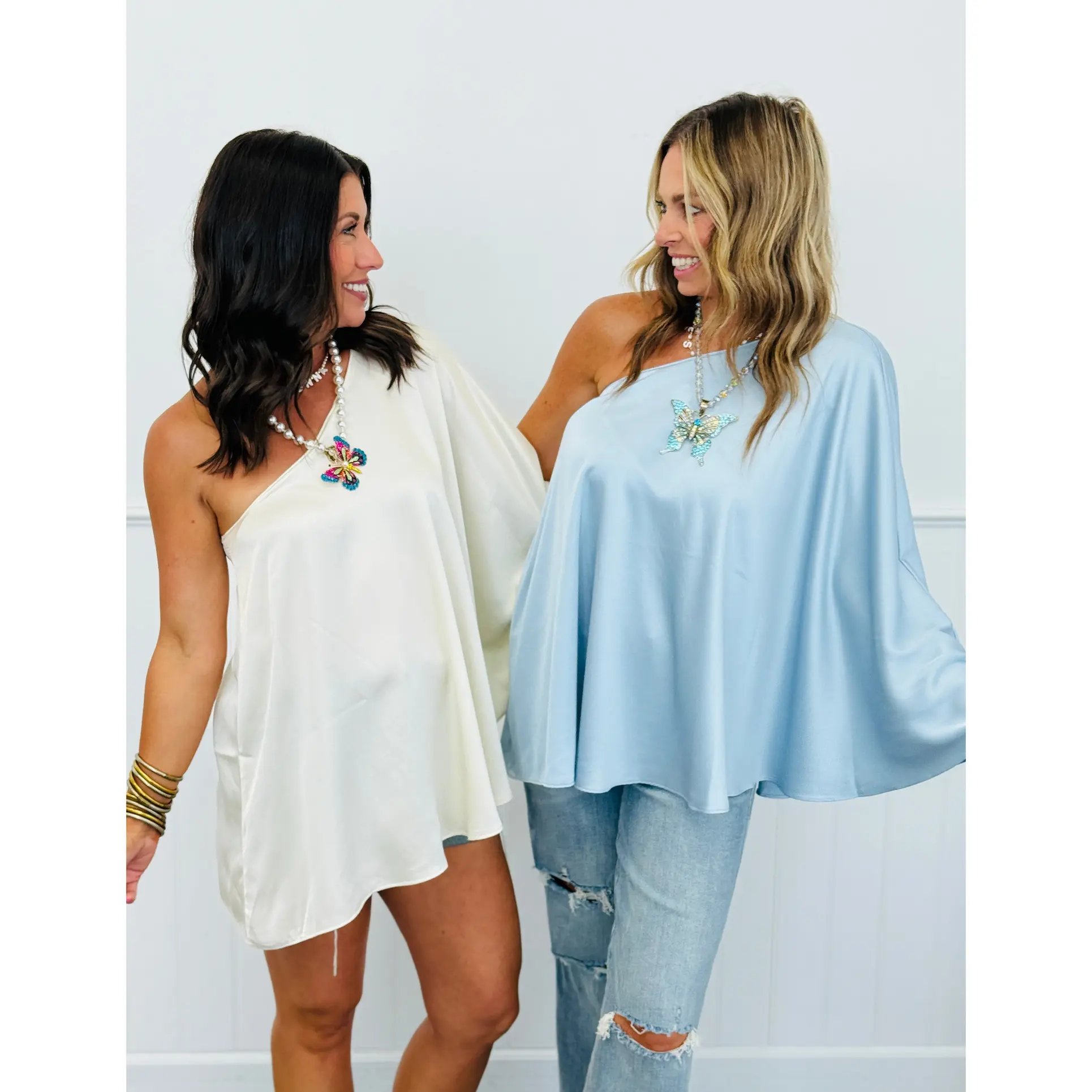 Satin One Shoulder Poncho Top (Reg.) - 2 Colors