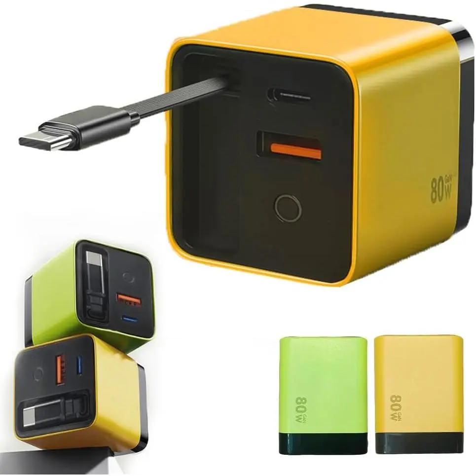 3 in 1 Gan Charger, Scalable 80w Max Fast Charger Module with Type-C Cable and 2 USB Ports for iPhone, Phone and Laptops (Yellow)