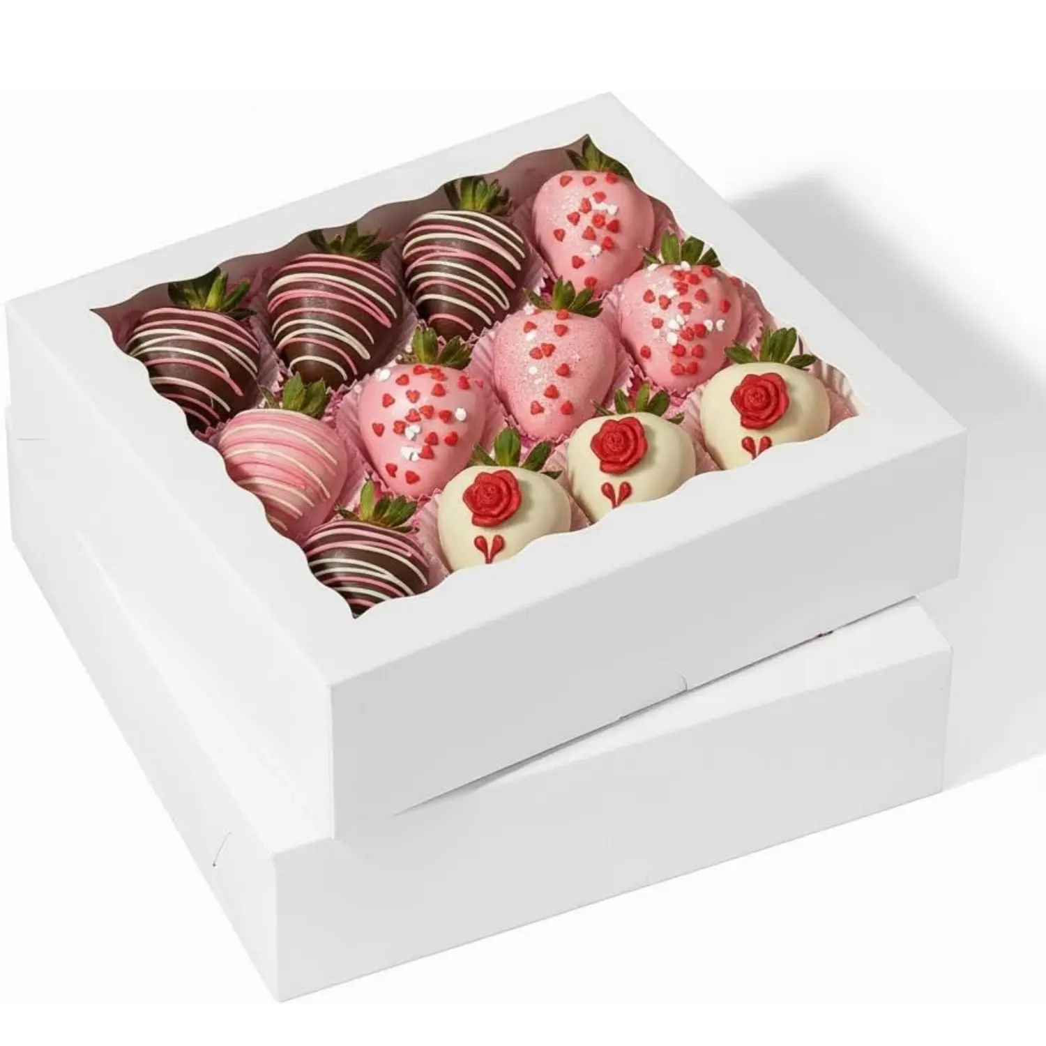 25 Pieces 7x7x2.48 Inch White Bakery Boxes with Window, Party Treat Containers for Easter, Halloween, Birthday Ideas – Ideal for Cookies, Chocolate Strawberries, Donuts