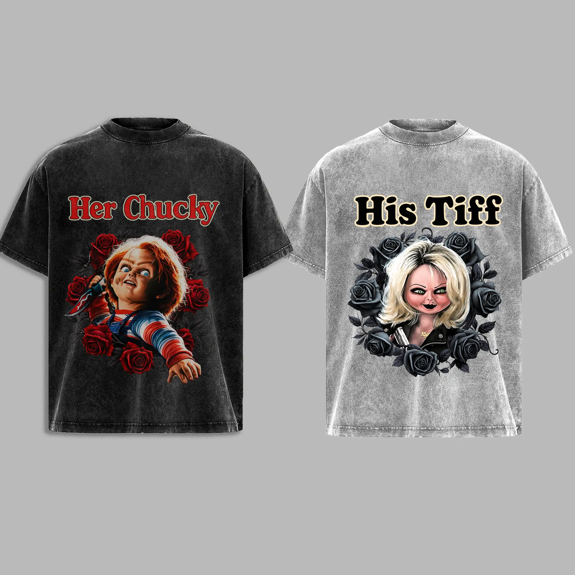 Scary Killer Doll Matching Couple Shirts: Her Chucky His Tiff Matching Couple Shirts - His and Hers Gothic Horror Graphic Tee - Vintage Washed Halloween Couples T-Shirt Set - Gift for Valentine Casual Cotton