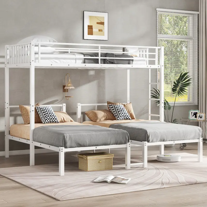 Modern Detachable Metal L-Shape Triple Loft Bed - 3-User Twin-over-Twin & Single Design, Bedroom Beds with Guardrails, Sturdy Construction, White Space-Saving Sleeper for Compact Rooms
