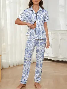 Women's Floral Printed Pajama Set, Comfortable Fitted Button Front Short Sleeve Top & Elastic Waist Pants, Casual Home Wear for All Seasons