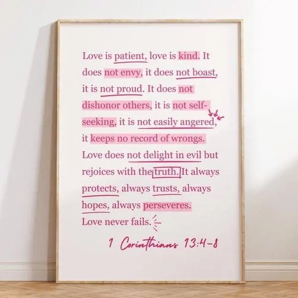 Pink 1 Corinthians 13 Print Love is Patient Love is Kind Girly Christian Wall Art Trendy Christian Wall Art Highlighted Bible Verse Poster