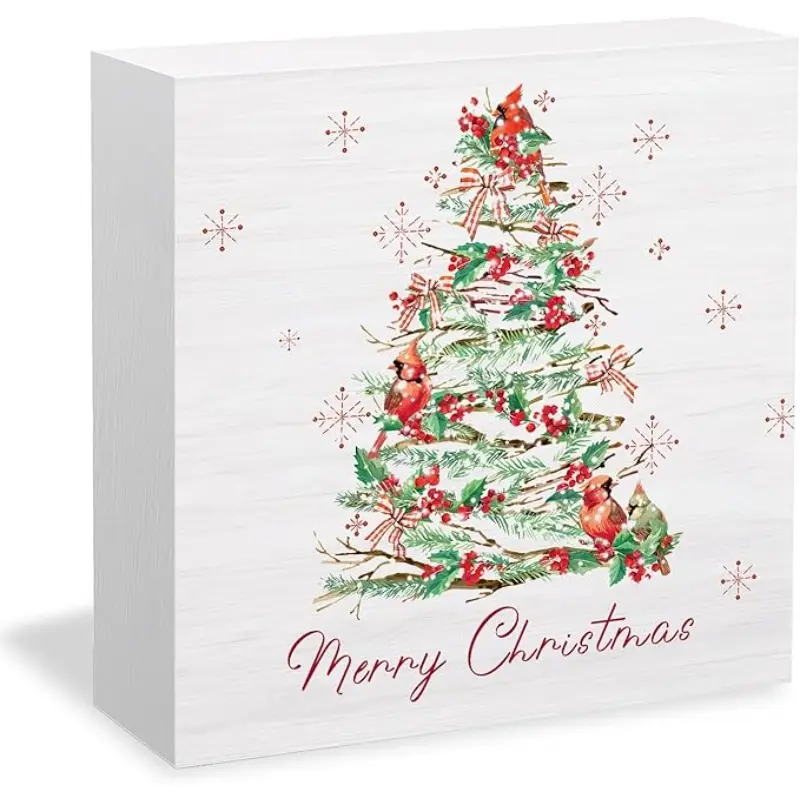 Merry Christmas Tree Cardinal Wooden Box Sign Desk Decor, Cardinal Christmas Decor, Coquette Bow Xmas Bird Holly Berries Wood Signs for Home Office Desk Table Shelf Decorations, 5x5inch