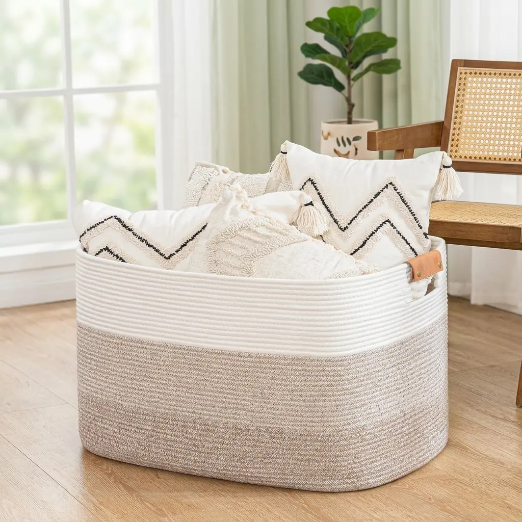 [HUOMAQFAN] Large Woven Storage Basket - 72L, 22"x17"x11.8", Gradient Brown Decorative Basket with Leather Handles, Shelf Organizer for Living Room, Bedroom