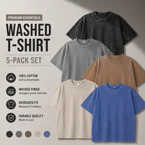 Menswear 5-Piece Round Neck Short-Sleeve Distressed Thickened Plus-Size Multi-Color Vintage Washed Boyfriend-Style Unisex Street Casual T-Shirts (Festive Wear)