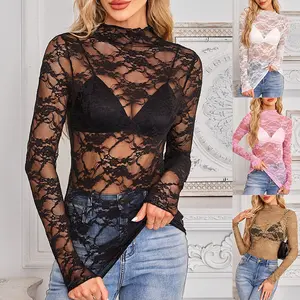 Women's Lace Long Sleeve Mesh Top Mock Neck Sheer Blouse with Floral Pattern for Layering & Stylish Outfits Gothic Chic Elegant Summer Shirts Light