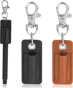 2 Pieces Pen Lanyard Holder Brown PU Leather Anti-Lost Keychain Clip for Neck Portable Clipboard Badge Keychain Pen Holder